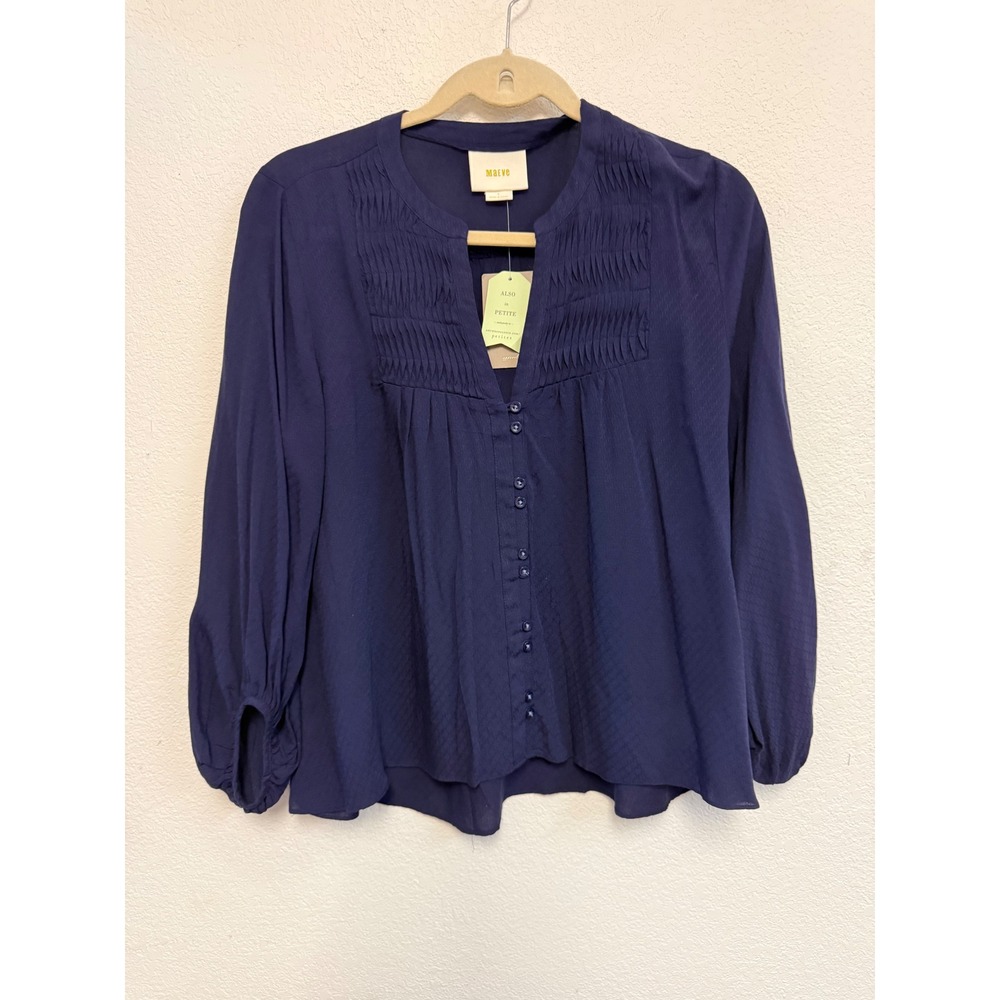 Maeve Anthropologie Women's Size 4 Petite Navy Blue Rayon Button Blouse NWT